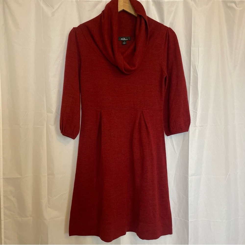 AGB Women’s Deep Red Knit Dress Cowl Neck Knee Length 3/4 Sleeve Size Small